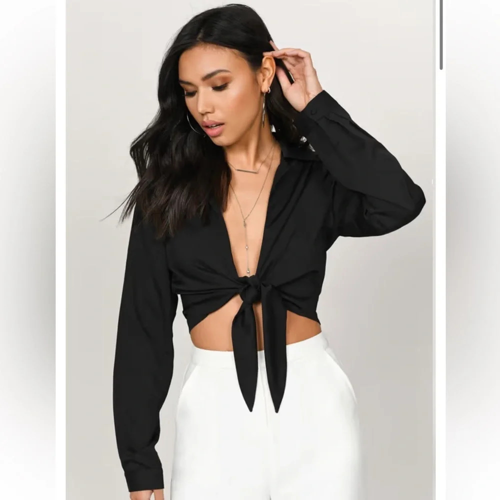 Tobi Black Every Time Tie Front Long Sleeve Crop Top, Women’s Size Medium